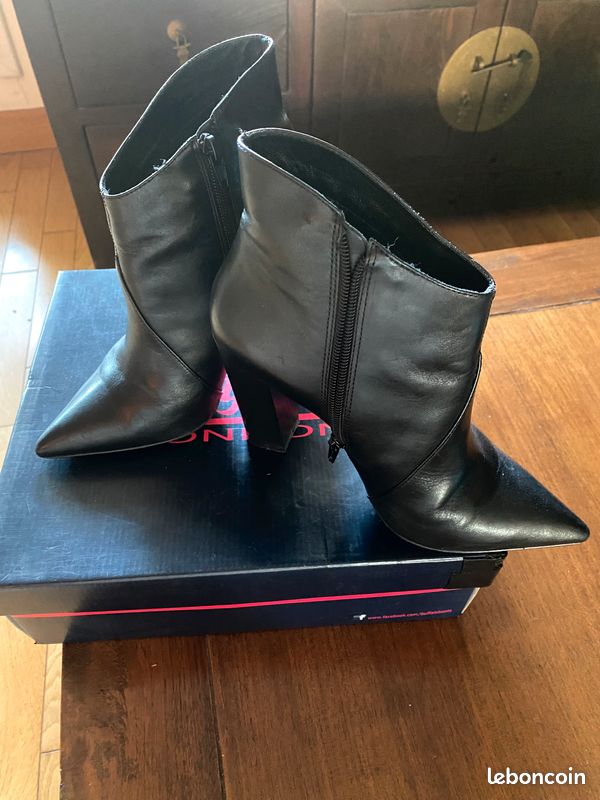 Bottines En Cuir Noir Made In BIGUINE Pointure 38 - Talon 6,5 Cm - Occasion Très Bon état