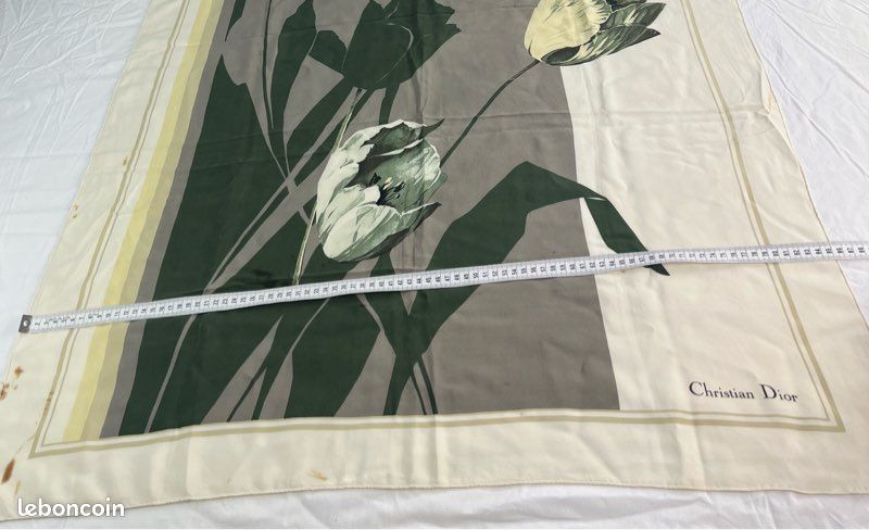 Carré Christian Dior vintage motif fleuri soie vert blanc (image 11)