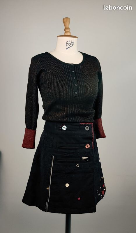 Jupe Desigual Taille L - Géométrique Noir Rose - Broderie Logo