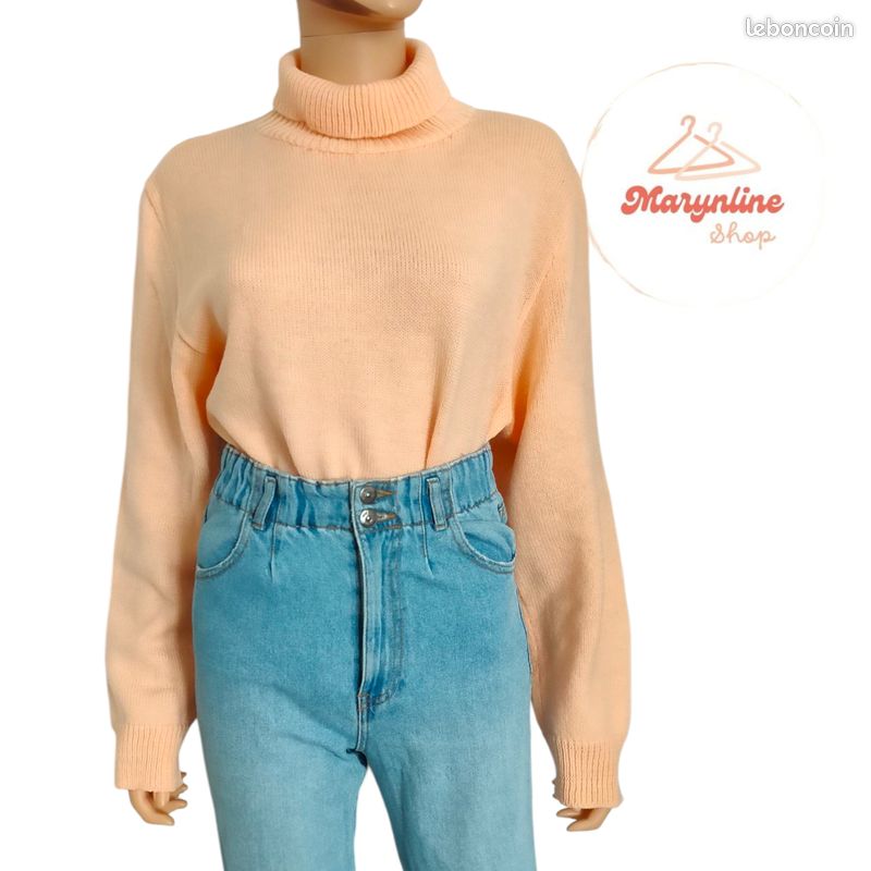 Pull col roulé fait main abricot pastel T42/44 N*313 Vêtements