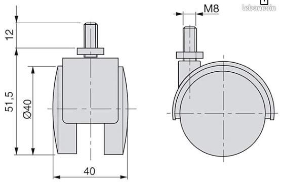 4 roues jumelées de 40 mm avec goupille filetée M8 et frein 40 mm (image 3)