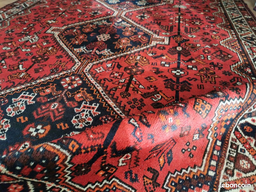Tapis Persan Patchwork Fait Main - 122x90 Cm - Laine Et Coton - Bleu - Vintage