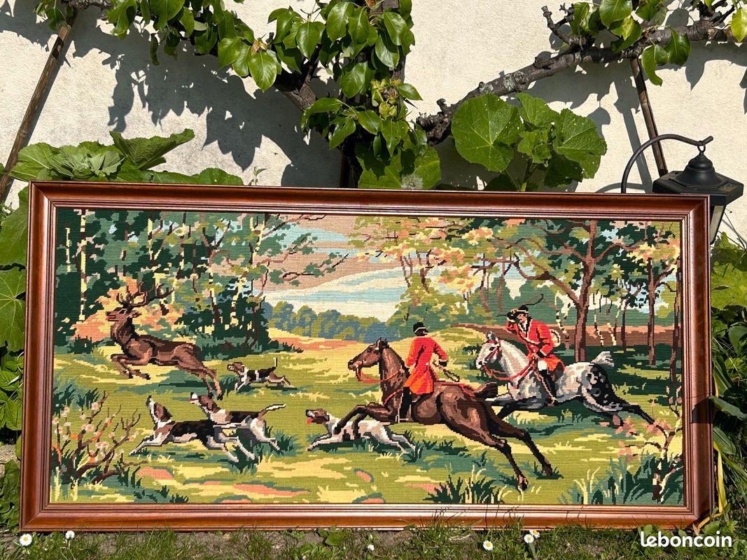 Tableau tapisserie canevas scene chasse chevaux chien champetre (image 1)