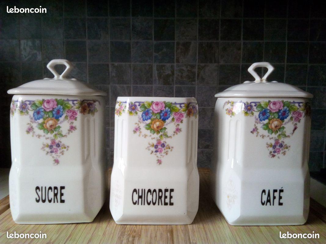 Lot De 3 Pots Anciens En Opaline - Pour Thé, Sucre, Café, Avec Couvercles Liège, Occasion