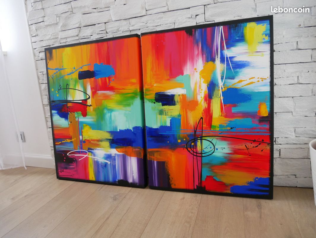 Envoi compris - TABLEAU ABSTRAIT CONTEMPORAIN - art coloré - diptyque de 120 X 80 (image 2)