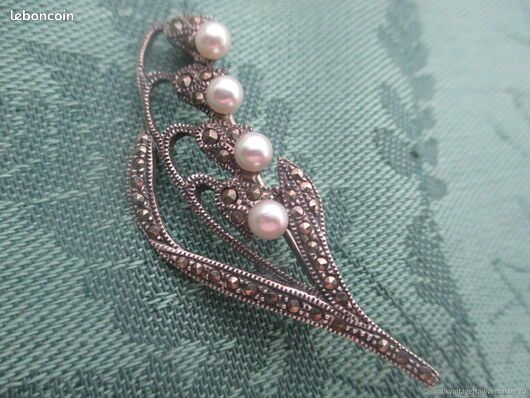 Broche Vintage Feuille En Vermeil Argent 925 - Avec Perle Et Marcassites - 40x40mm - Occasion