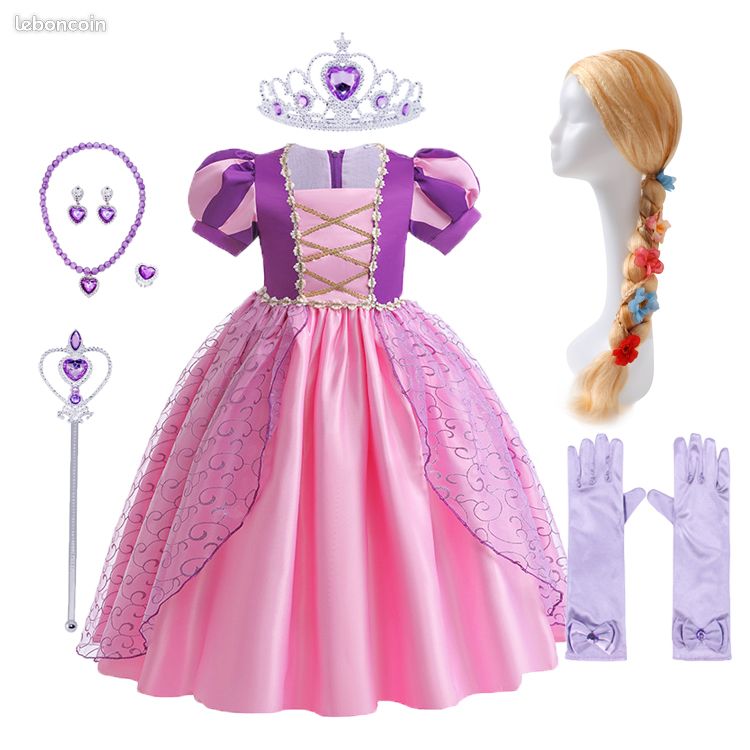 Déguisement Raiponce Complet Pour Fille – Robe, Perruque, Couronne, Baguette Magique, Bijoux – Tailles 3-9 Ans – Pour Halloween, Anniversaire, Carnaval