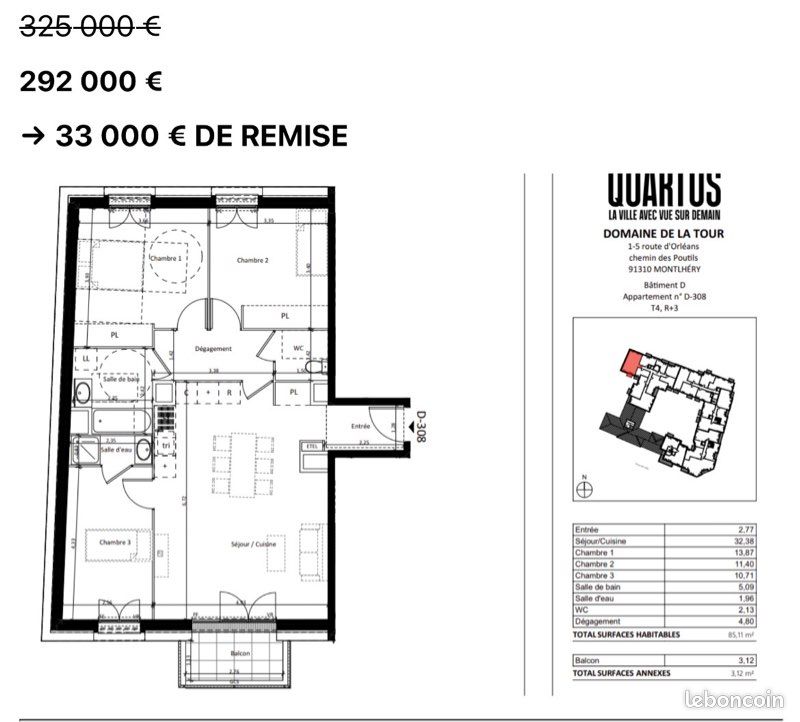 Appartement 4 pièces 85 m² · à Montlhéry · 85 m² · 292 000 €
