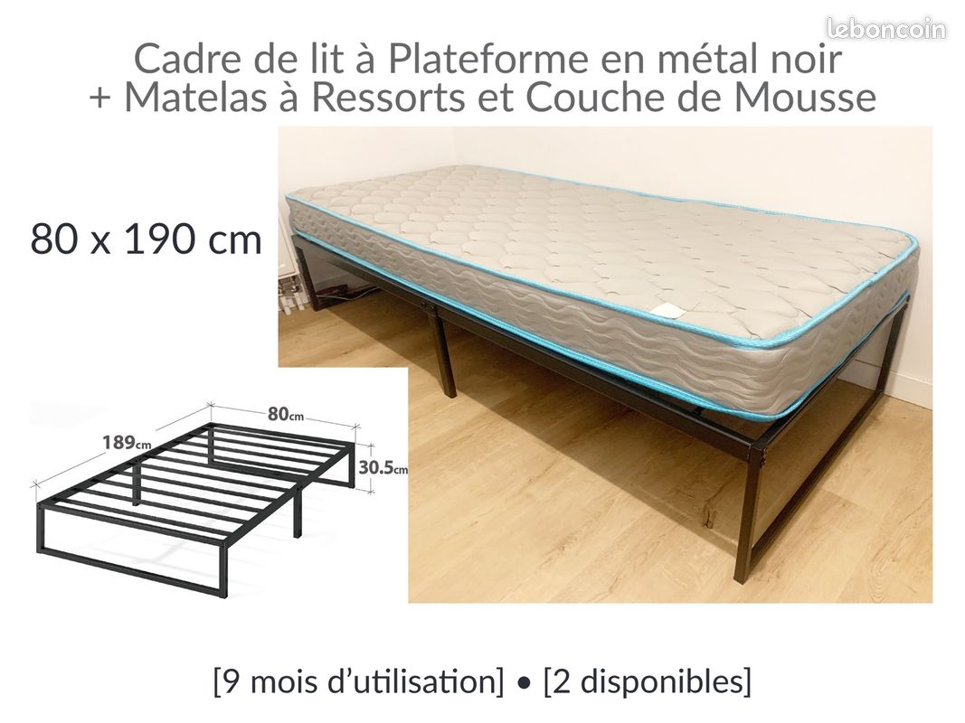 Cadre de lit à Plateforme en métal noir + Matelas à Ressorts et Couche de Mousse (image 1)