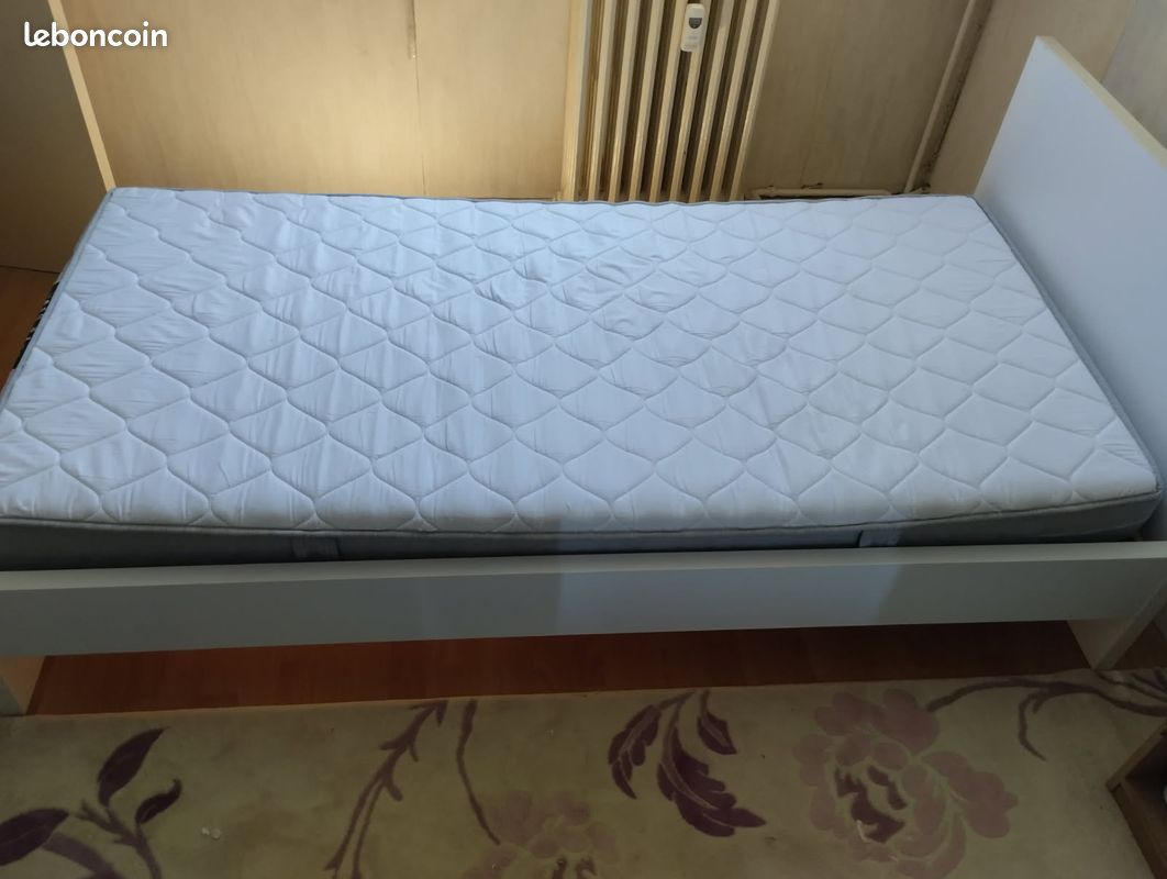 Lit 90x190 blanc+matelas+sommier (image 1)