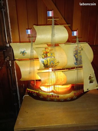 Lampe Phare Marine à Poser, Bois Et Cuivre, Années 1950-60, France, état Rare