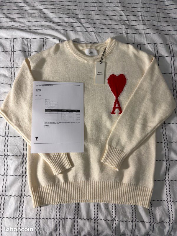 Pull AMI Paris En Laine Beige Avec Motif Cœur Blanc - Taille M, Neuf Avec étiquettes