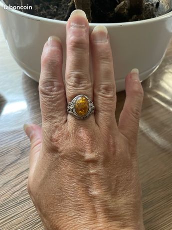 Bague En Argent Massif Avec Ambre - Taille 56 - Bijou Occasion élégant