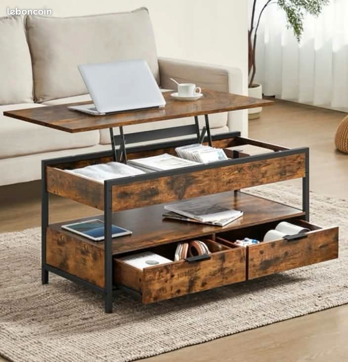 Table basse relevable et tiroirs, couleur bois (image 4)
