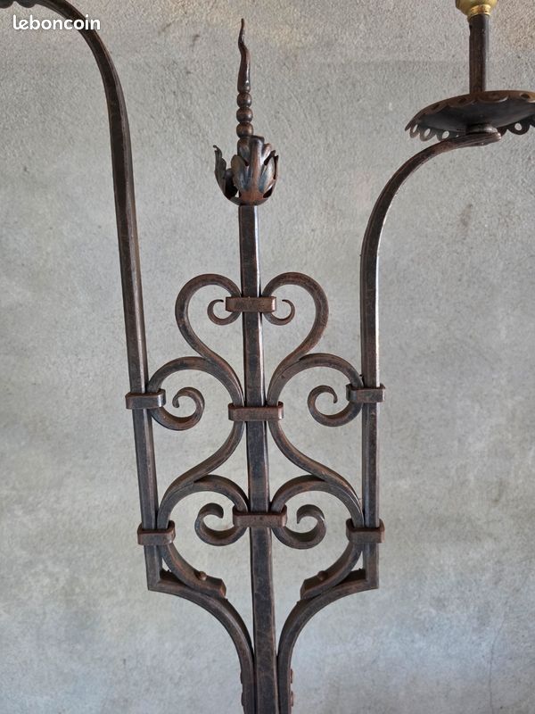 Grand Chandelier Triple Bougeoir Brutaliste En Fer - Déco Vintage Château