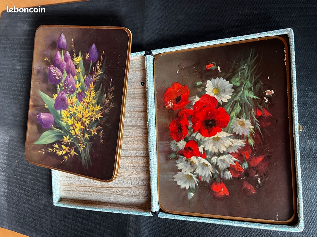 Set Vintage de 6 Grands Dessous de Plat ou Verre Motifs Fleurs dans leur Boite - Coffret (image 6)