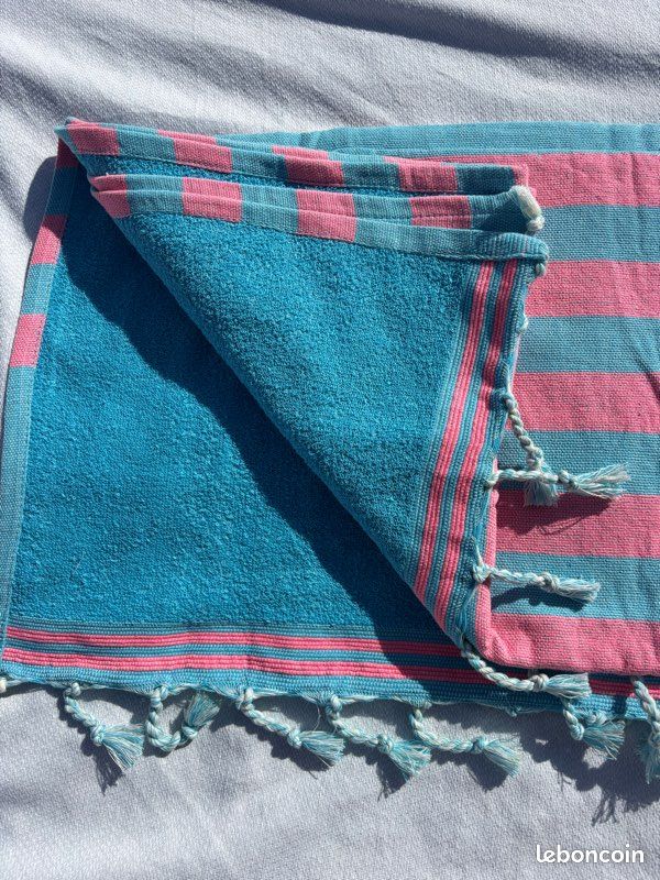 Fouta 100/200 cm doublé éponge turquoise et rose - Serviette de plage/bain (image 2)