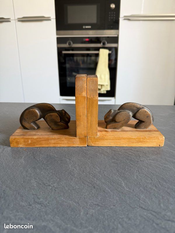 Paire de serre-livres chats en bois et métal patiné – Art Déco (image 6)