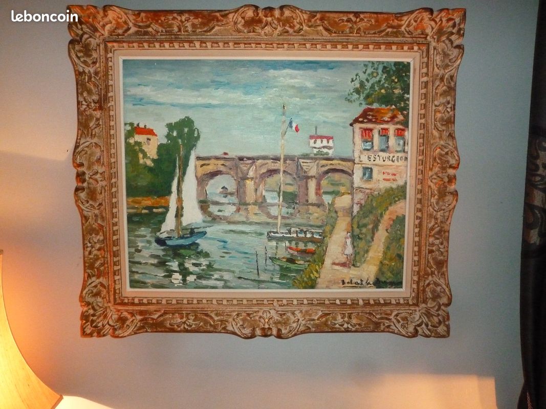 Huile sur toile : le pont de Poissy sur la Seine (image 1)