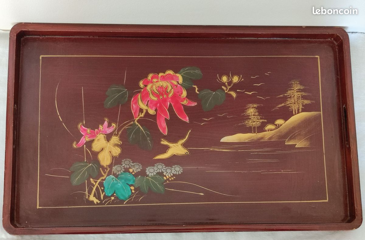 Lot De 5 Coffrets Anciens + 1 Plateau En Bois Laqué Style Asiatique - Occasion Avec Traces D'usure
