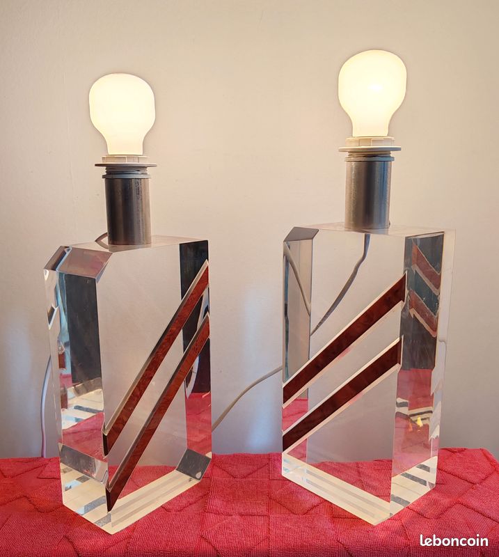Lampes années 70 en plexiglass et loupe de bois - Voir descriptif (image 3)