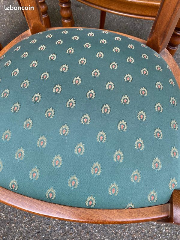 4 chaises de salle à manger en bois massif et tissu vert Louis Philippe 1980 (image 4)