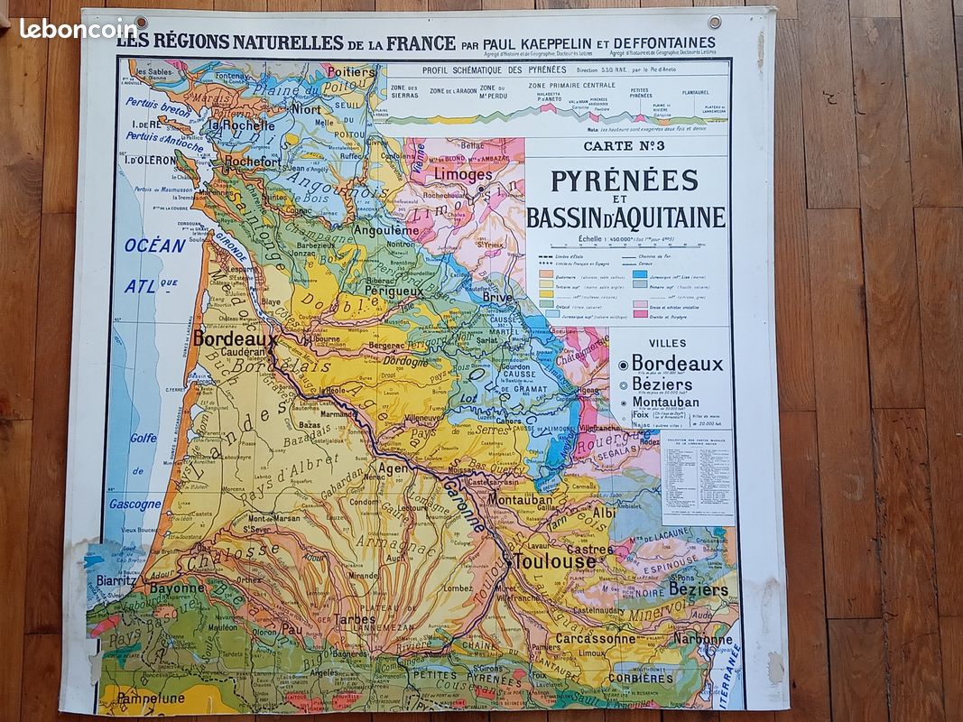 Carte murale scolaire ancienne Pyrénées et bassin aquitain (image 1)