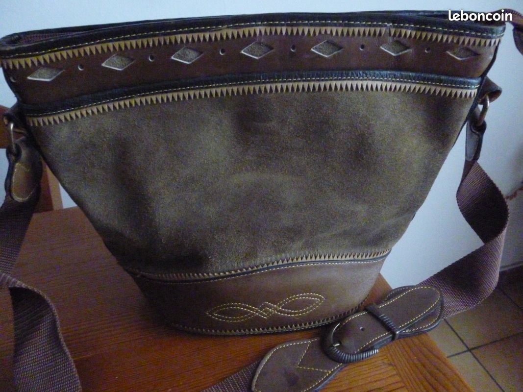 Sac a main femme cuir et daim couleur vert kaki (image 3)
