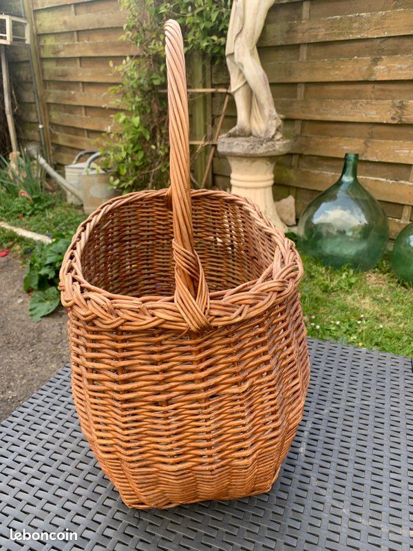 Grand Panier Ancien En Osier – Vintage, Fait Main, état Correct – Dim: 42x41x26 Cm