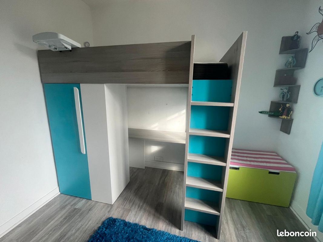Lit mezzanine 140 x 200 cm - avec bureau - avec USB + Type-C - garde-corps - échelle - blanc (sans matelas) - Maison