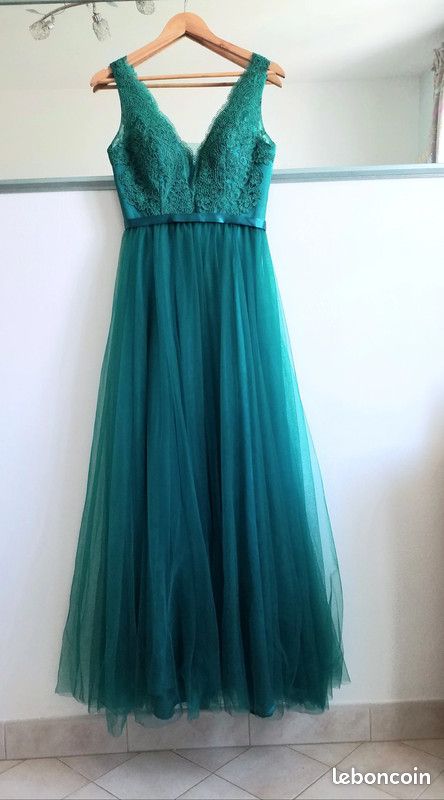 Robe longue cérémonie vert-bleu canard taille 36/38 Vêtements