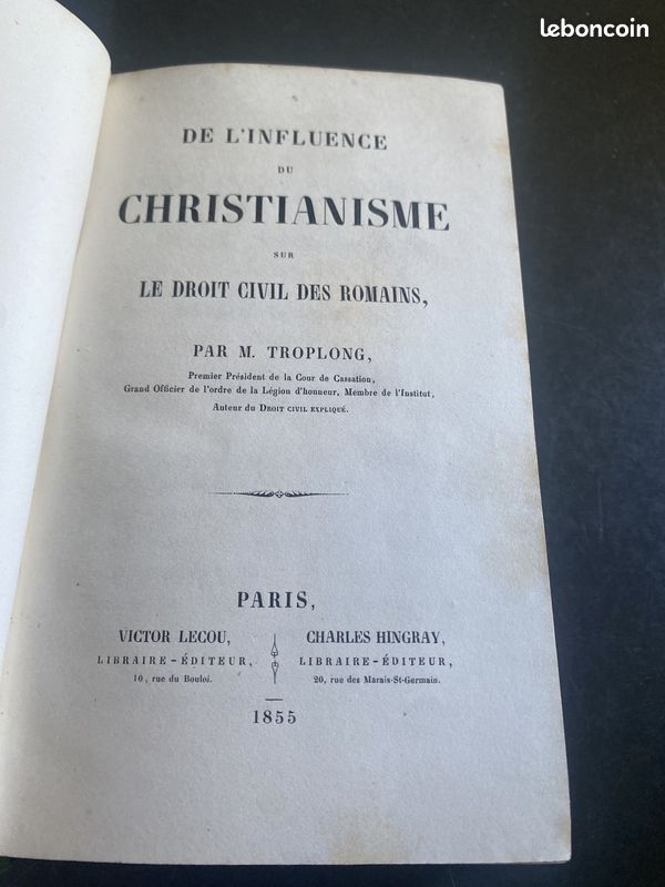 Troplong, Christianisme et droit civil des Romains, 1855, demi-cuir (image 3)