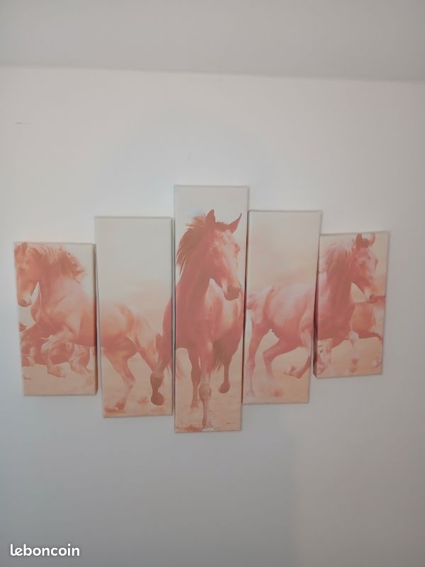 Tableau Toile Cheval Aimant – Déco Murale 5 Pièces Encadrées, Ambiance Nature