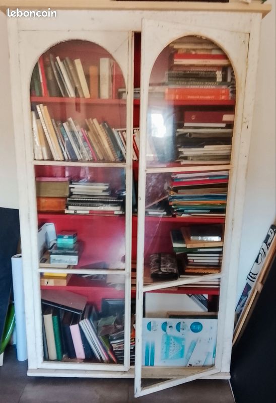 Bibliothèque ancienne bois verre bois peint intérieur rouge 200 cm de hauteur X 125cm de large 4 étagères (image 1)