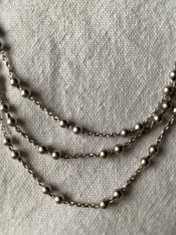 Collier Chaîne En Argent Massif 925 - Maille Art Déco 3 Rangs - Occasion En Bon état - Bijou Vintage