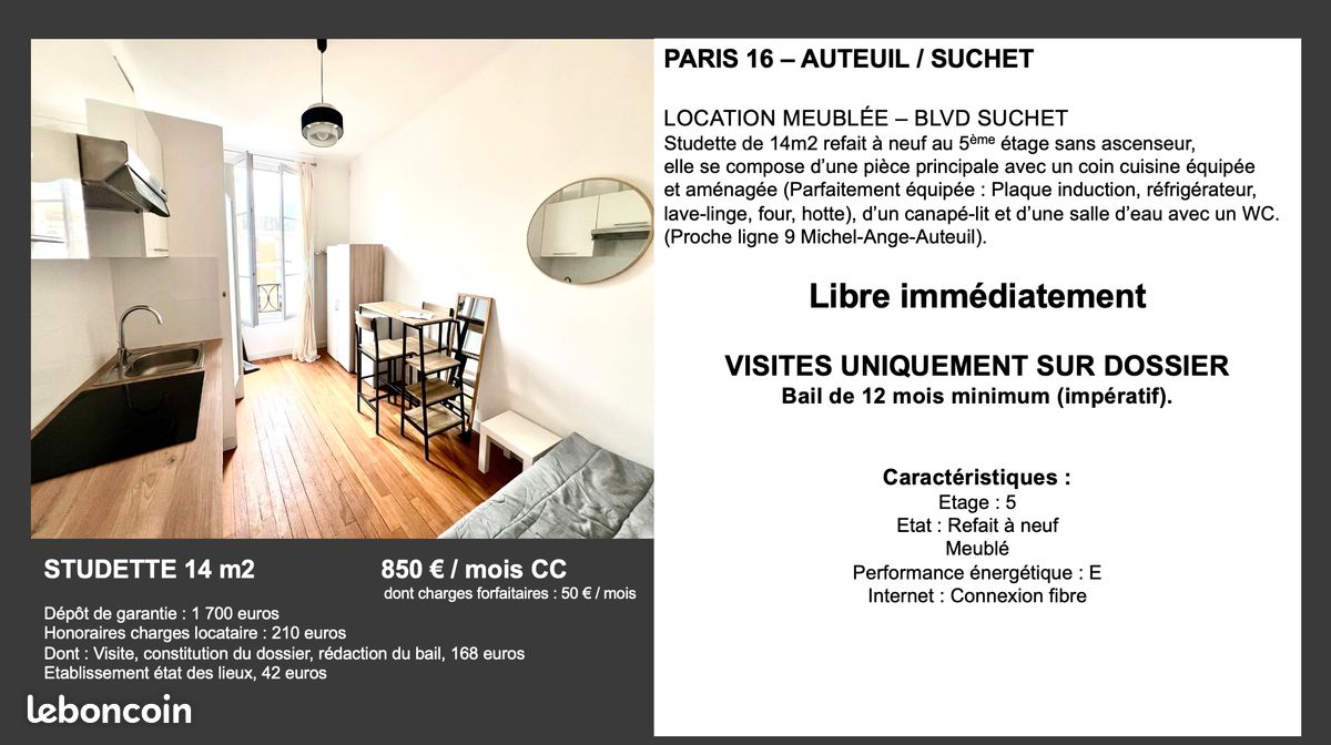 Appartement 1 pièce 14 m² · à Paris · 14 m² · 850 €/mois