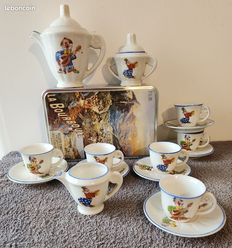 DINETTE ANCIENNE - FAÏENCE FINE HBCM - DÉcOR AU POCHOIR ANNÉES 1930