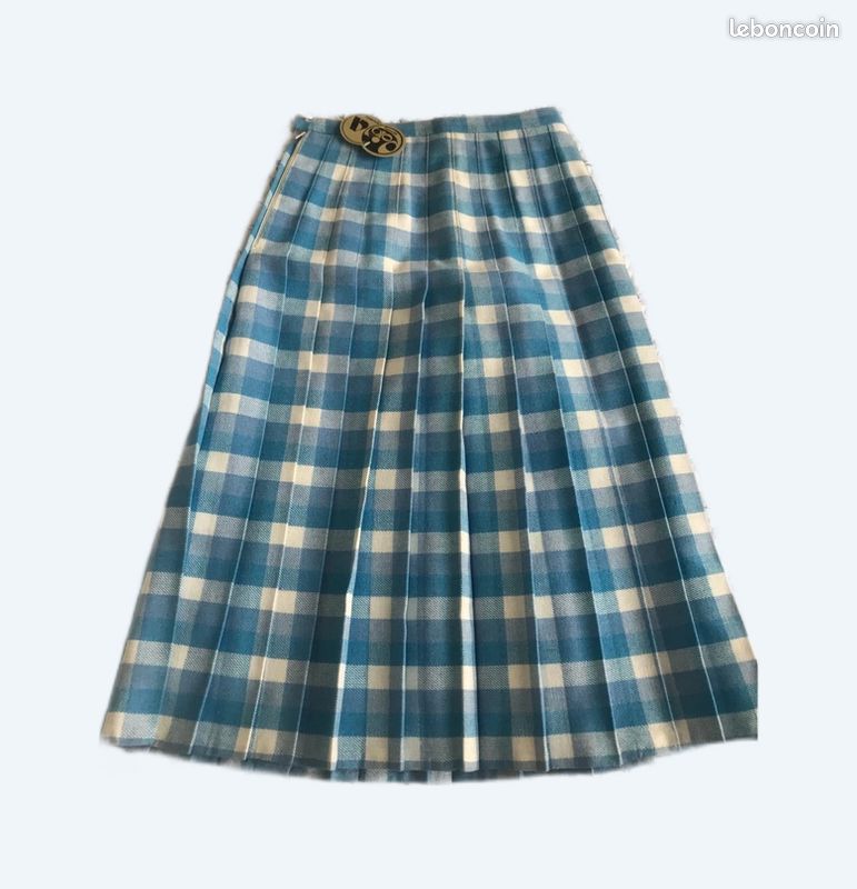 Neuve jupe plissée type kilt rétro vintage années 70 carreaux tartan écossais bleu 34 (image 1)