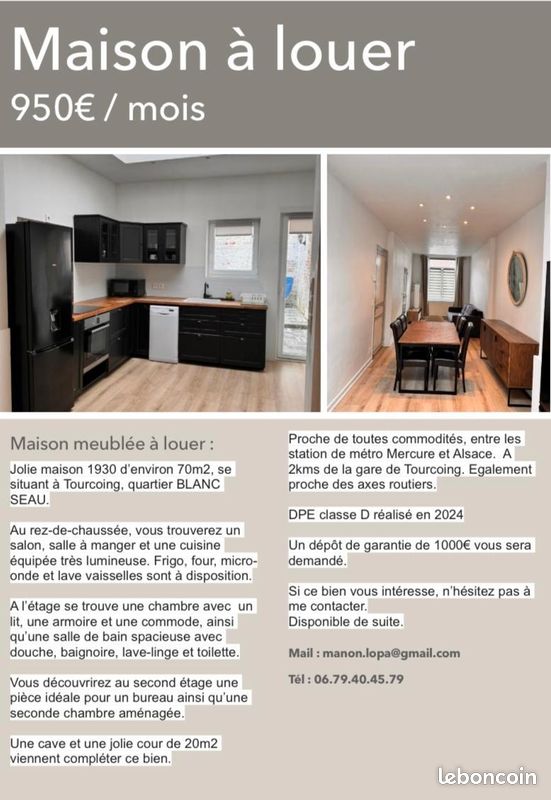 Maison 4 pièces 70 m² · à Tourcoing · 70 m² · 950 €/mois