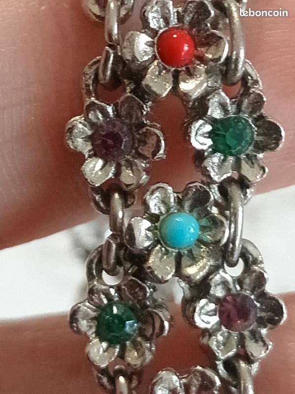 Bracelet Ancien En Argent émaillé Style Art Nouveau - Fleurs Vers 1900 - Bijou Vintage Italie