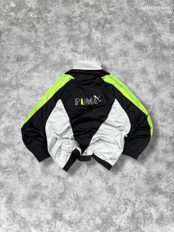 Veste Puma vintage 80s noir/vert coupe large logo brodé dos - XXL (image 1)