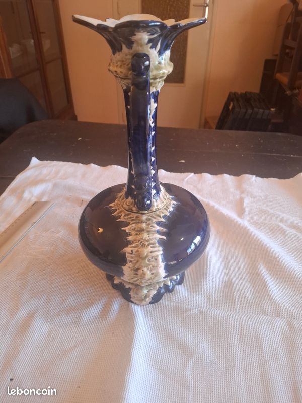 Vase Ancien Barbotine Bleu Cobalt & Email Relief - 35cm (image 6)