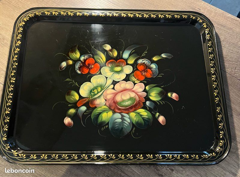 Plateau ancien original Zhostovo – tôle peinte fleurs à la main – Russie XIXᵉ - Antiquités