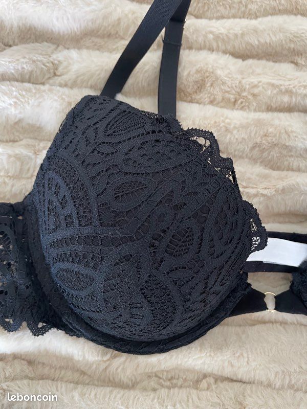 Ensemble Lingerie Victoria's Secret - Soutien-gorge Push-up + Jardinière Dentelle Noir Argenté - Tailles 34B 34C 36B