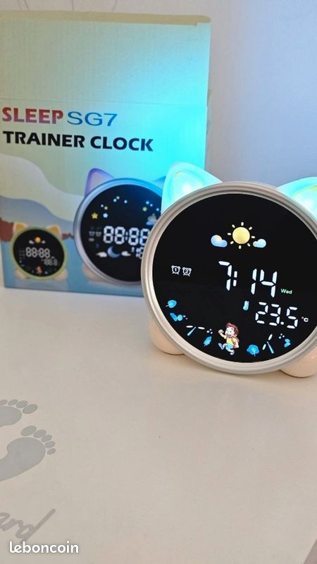Réveil éducatif enfant chat LED - veilleuse,
double alarme, température (neuf) (image 1)