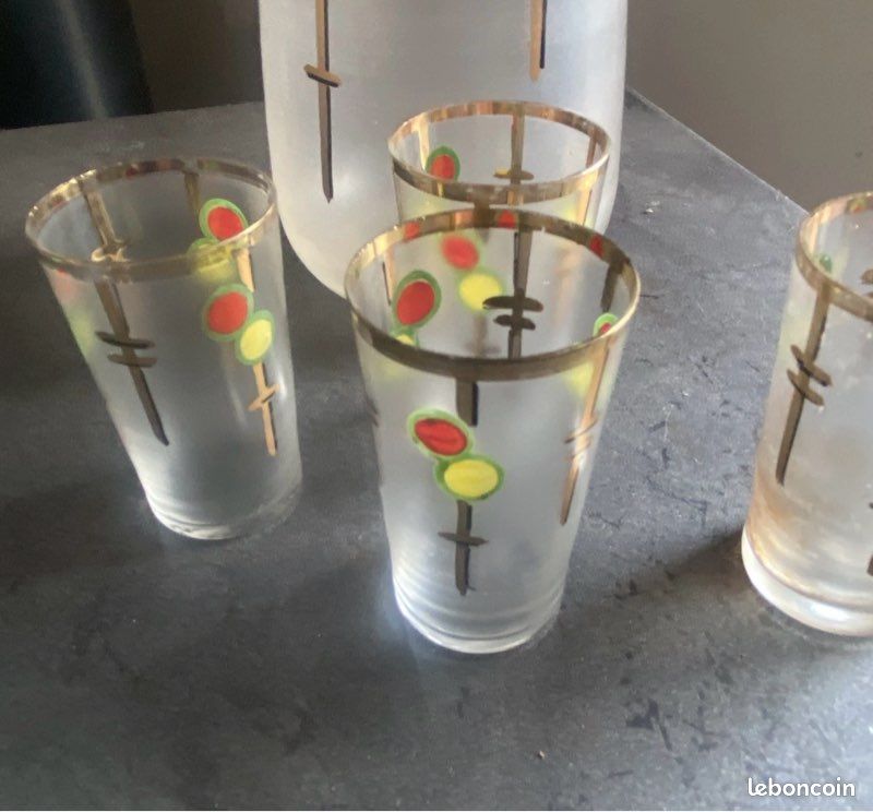 Carafe emaillee verre irise epoque art nouveau + 4 verres (image 2)