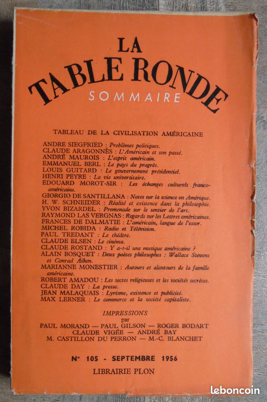 La Table Ronde n°105 septembre 1956 - André Maurois - André Siegfried - Claude Aragonnes - Emmanuel Berl - Louis Guitard - Yvon Bizardel - Michel Robida - Paul Trédant - Claude Elsen - Claude Rostand (image 1)