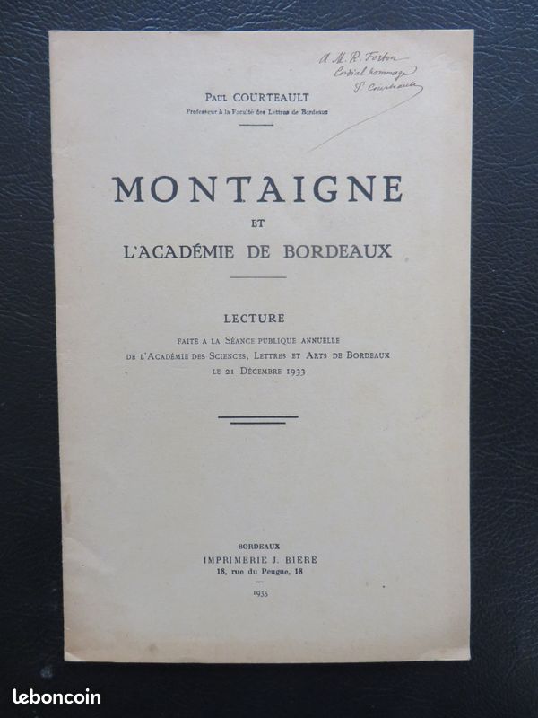 MONTAIGNE / COURTEAULT – Montaigne et l’Académie de Bordeaux (1935) (image 1)