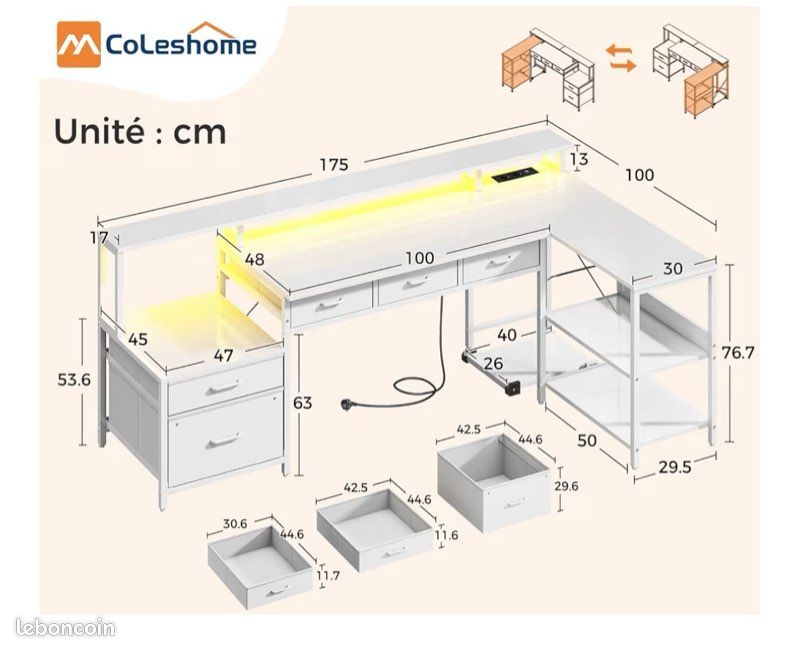 Bureau blanc en L avec tiroirs (image 2)