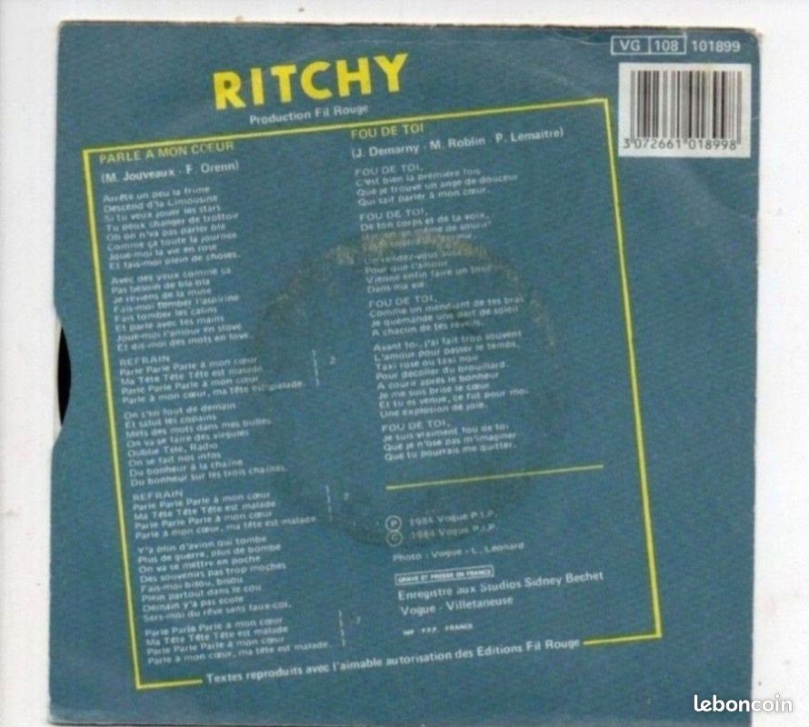 Vinyle 45T : RITCHY - Parle à mon cœur - Fou de toi (image 2)